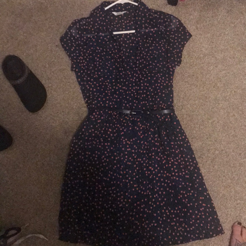 Red and navy polka dot dress with belt